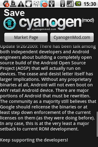 Save CyanogenMod Petition アプリの画面