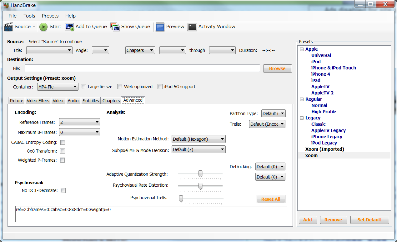 Handbrake で XOOM用の動画を作成する
